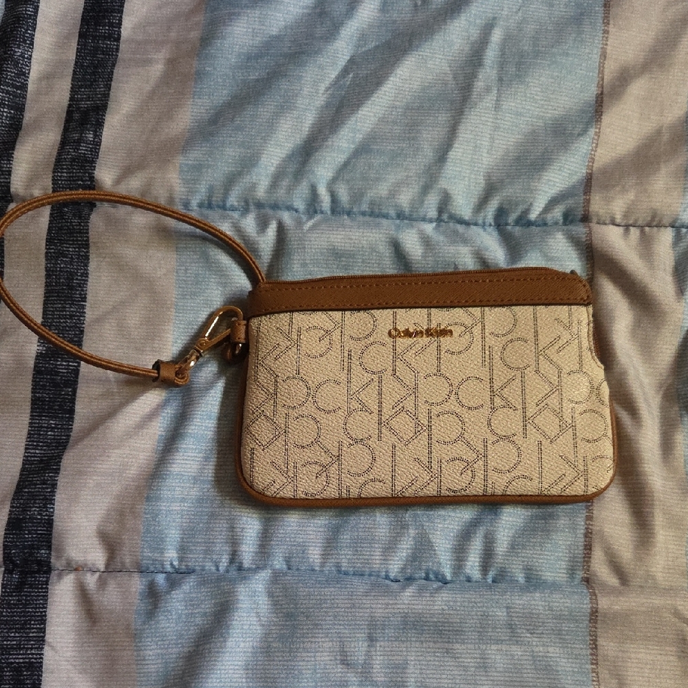 Calvin Klein Monogram Beige and Tan Wristlet